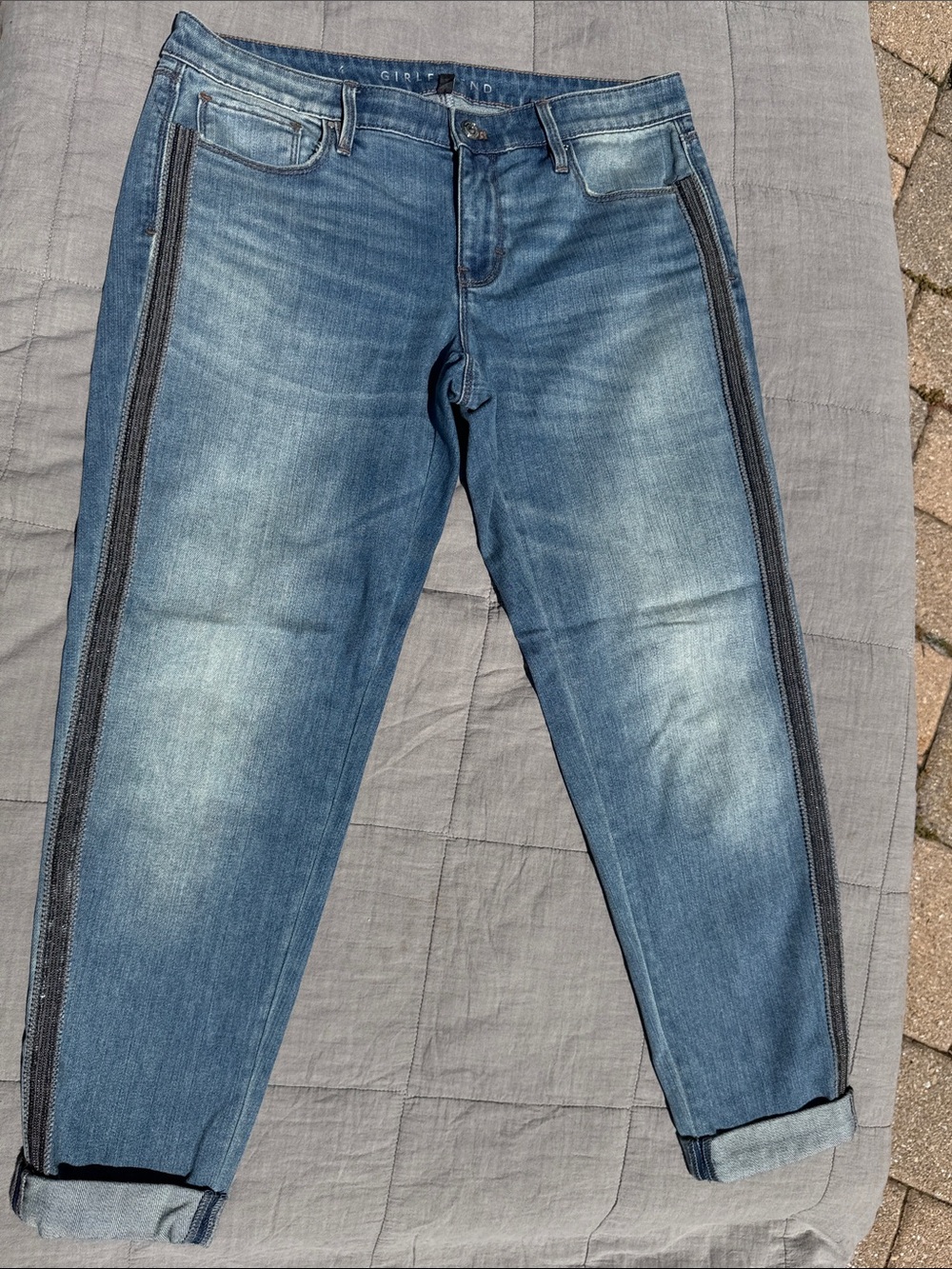 NWOT White House Black Market Blue Denim Girlfriend Jeans w/ Black Sequin Stripe